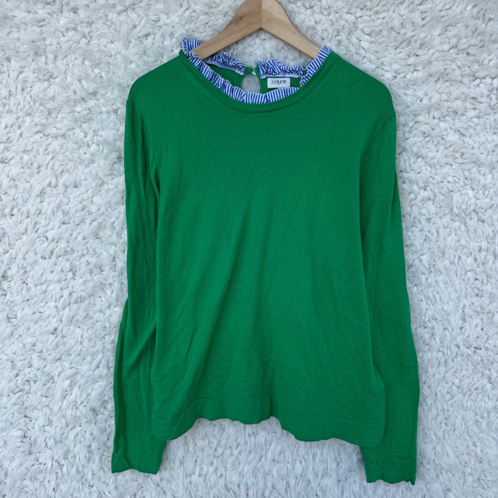 J. Crew Green Crewneck Sweater with Blue-White Striped Trim